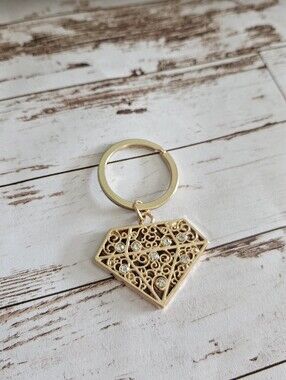 Gold Tine Diamond-Shaped Filigree Keychain with Cubic Zirconia Gems